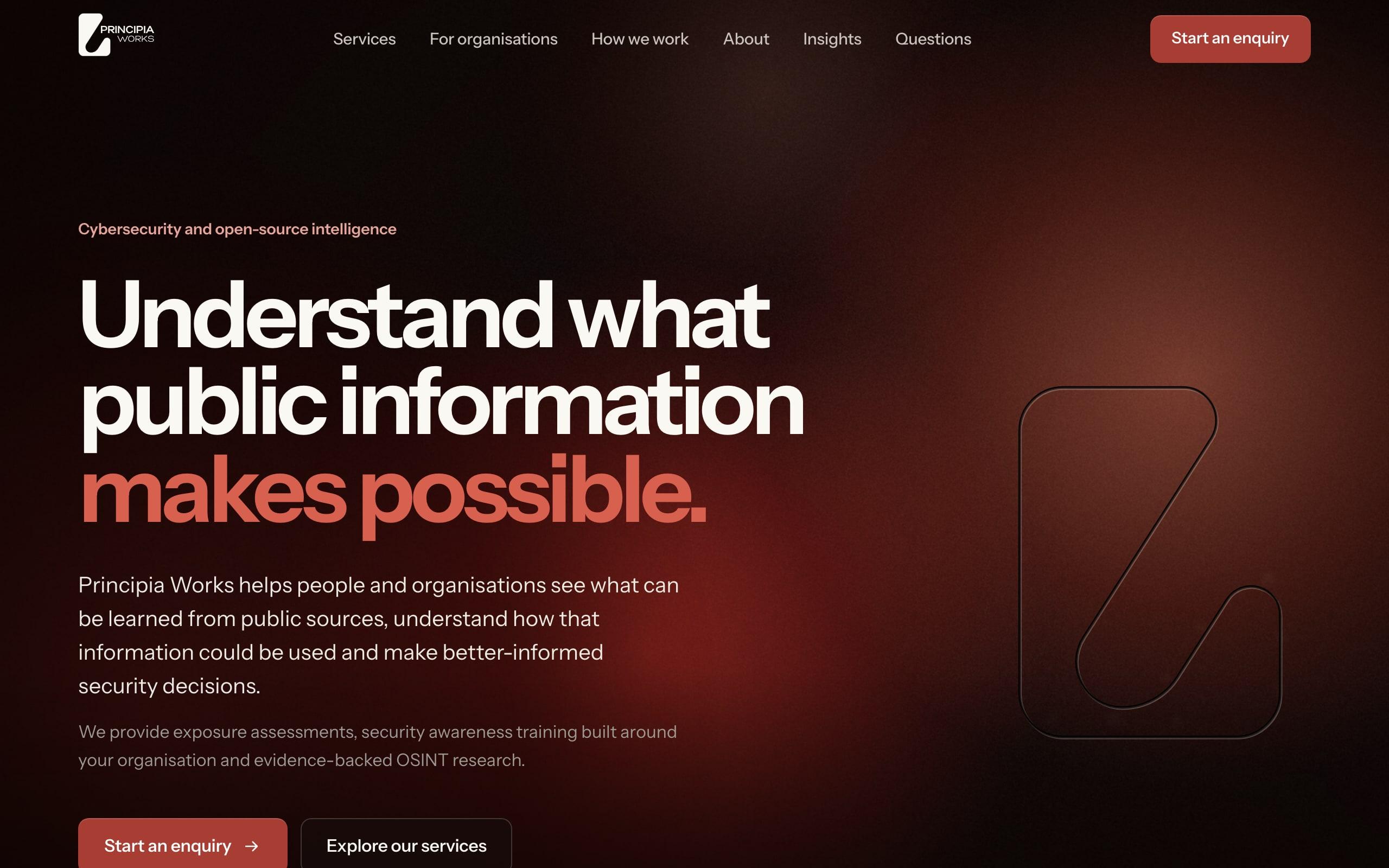 The Principia Works website in dark mode, headed “Understand what public information makes possible.”